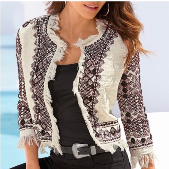 Boston Proper Beaded Fringe Open Front Aztec Blazer Jacket Size 16 Earthy Boho - Picture 1 of 14